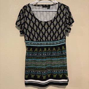 RQT Aztec Print Short Sleeve Long Top Embellished Waist Black Turquoise Green L